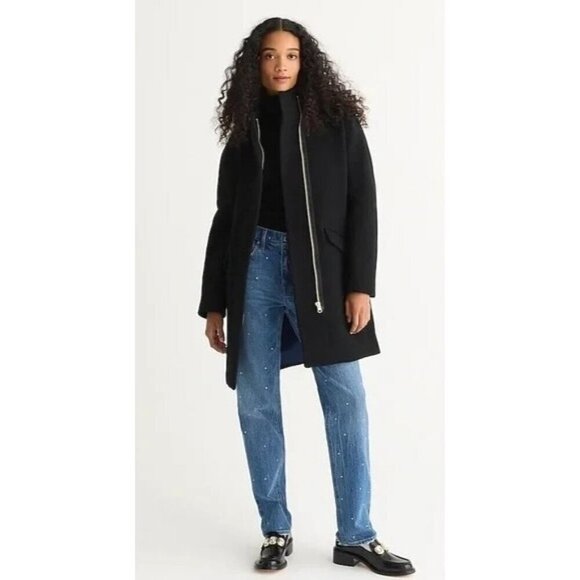 J Crew Coat Women 00 Petite Black Wool Blend Stadium Cloth Full Zip Cocoon‎ - Picture 1 of 9